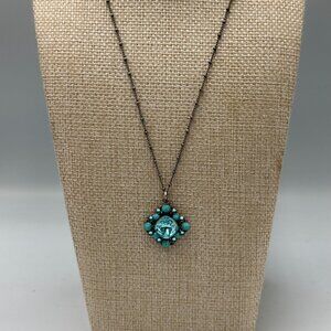 Anne Koplik Designs Necklace Turquoise Blue Rhinestone Pendant Boho Glam Jewelry